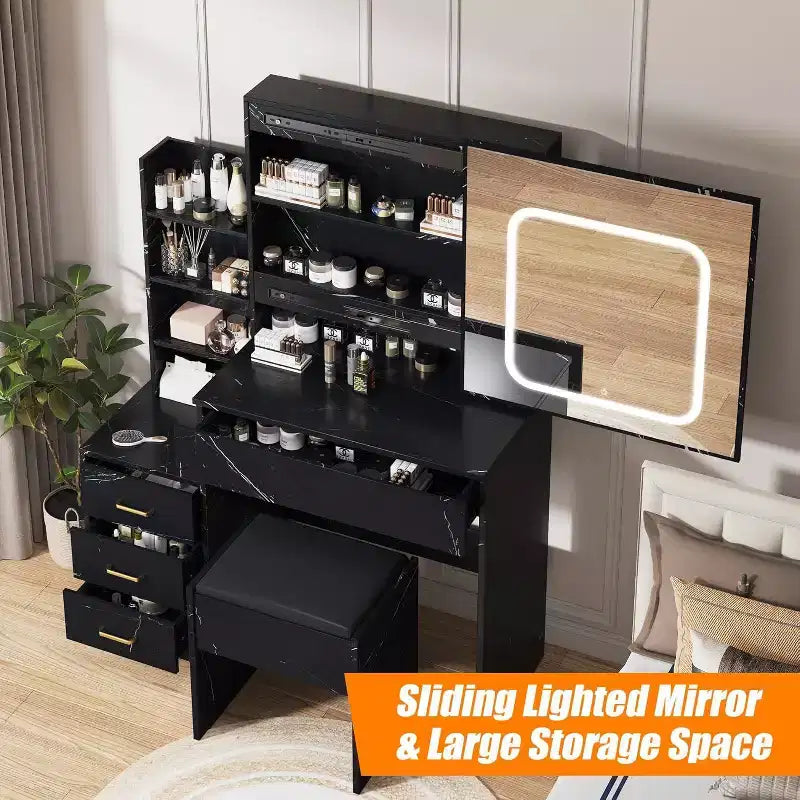Acekool Vanity Set with Storage Drawers, Sliding Mirror, Charging Station, Adjustable Lighting, Stool, Marble Black