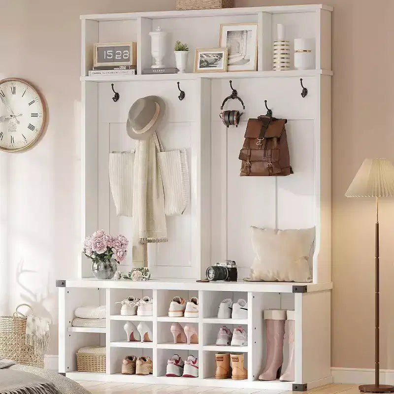 Acekool 76 Hall Tree with Bench, Shoe Storage, Coat Rack, 6 Hooks & Adjustable Shelf, Farmhouse Entryway Organizer, White