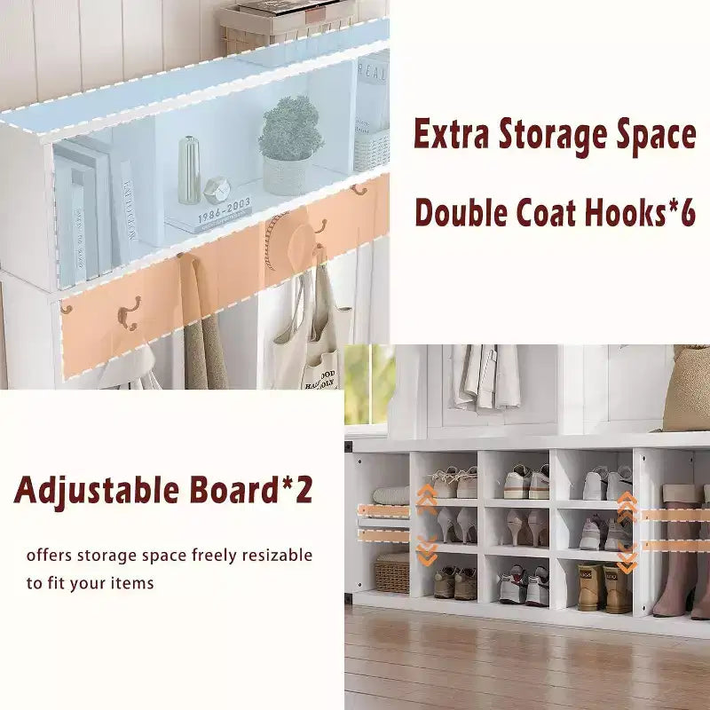 Acekool 76 Hall Tree with Bench, Shoe Storage, Coat Rack, 6 Hooks & Adjustable Shelf, Farmhouse Entryway Organizer, White