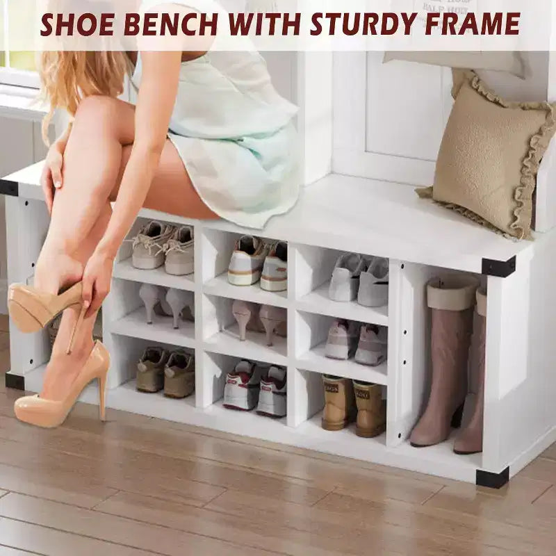 Acekool 76 Hall Tree with Bench, Shoe Storage, Coat Rack, 6 Hooks & Adjustable Shelf, Farmhouse Entryway Organizer, White