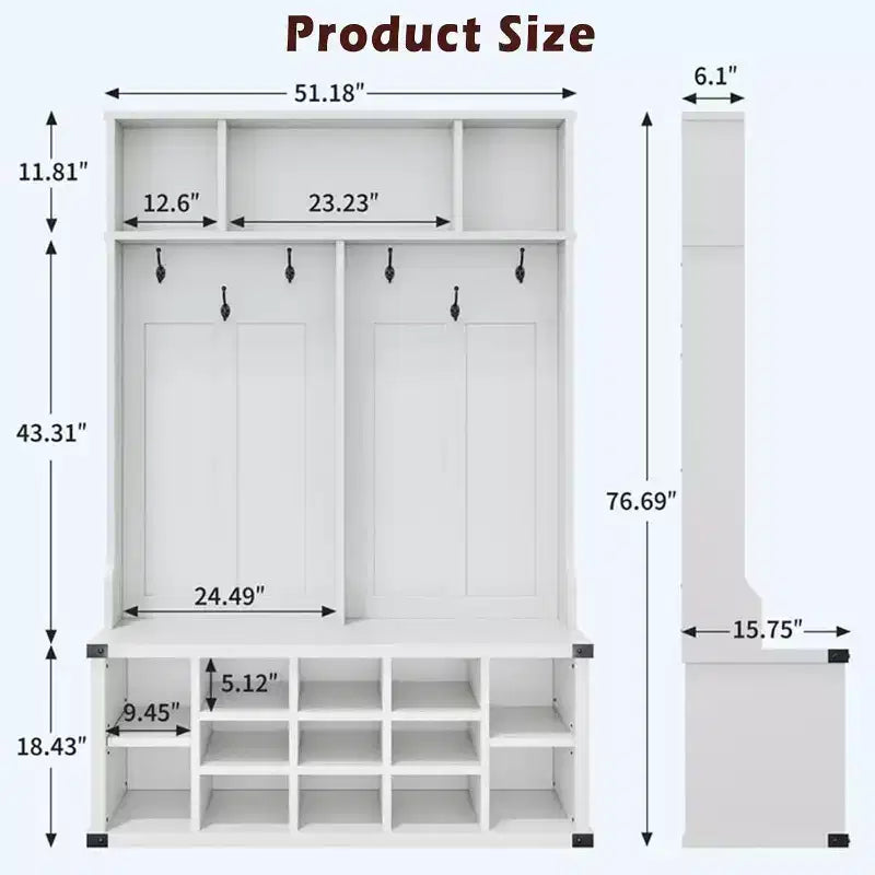 Acekool 76 Hall Tree with Bench, Shoe Storage, Coat Rack, 6 Hooks & Adjustable Shelf, Farmhouse Entryway Organizer, White