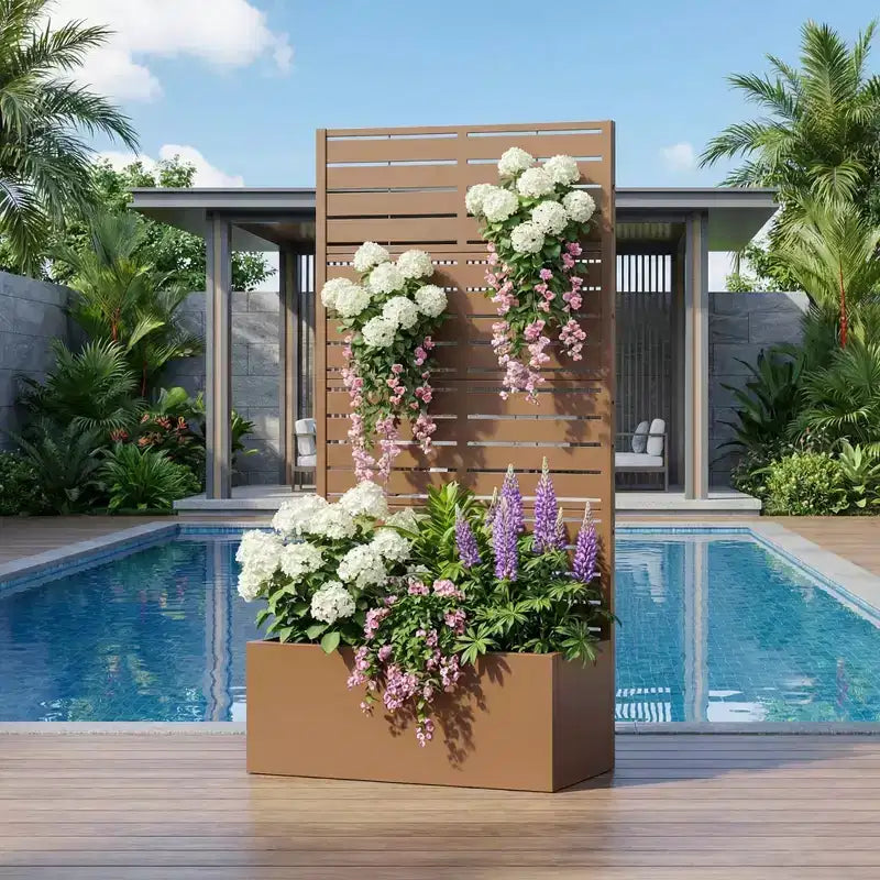 MAYEERTY Brown Wrought Iron Planter with Trellis (Classic Louvered), 59x30x12, 4-Piece Durable Outdoor Planting Solution
