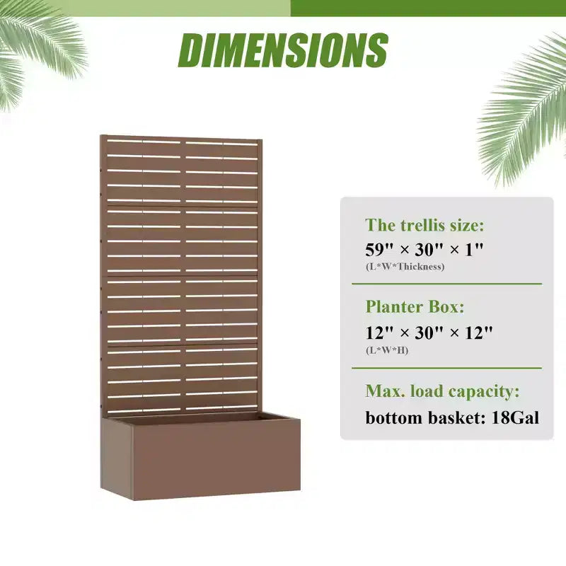 MAYEERTY Brown Wrought Iron Planter with Trellis (Classic Louvered), 59x30x12, 4-Piece Durable Outdoor Planting Solution