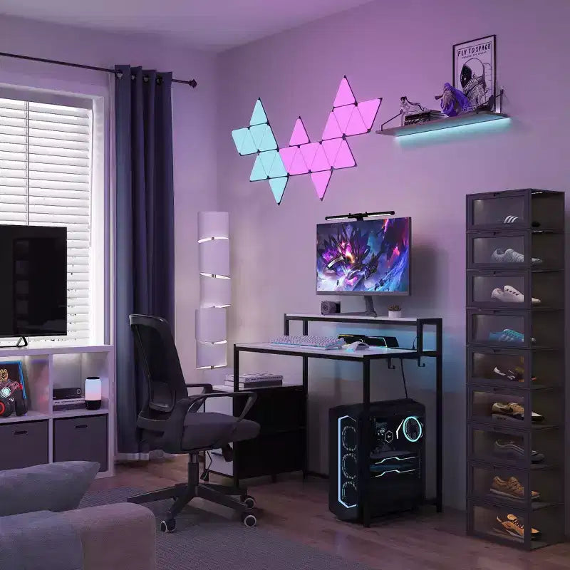 Famapy LED Gaming Desk Computer Desk with Metal Frame, Built - in Power Outlet, Drawers, and Elevated Dual - Layer Desktop