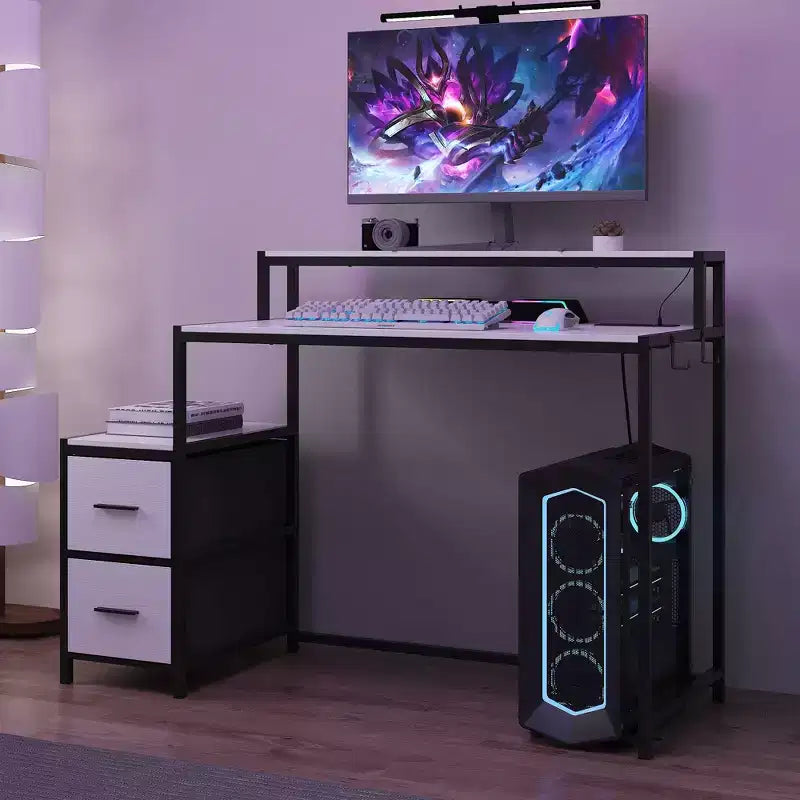 Famapy LED Gaming Desk Computer Desk with Metal Frame, Built - in Power Outlet, Drawers, and Elevated Dual - Layer Desktop