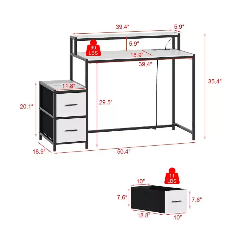 Famapy LED Gaming Desk Computer Desk with Metal Frame, Built - in Power Outlet, Drawers, and Elevated Dual - Layer Desktop