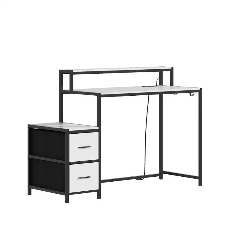 Famapy LED Gaming Desk Computer Desk with Metal Frame, Built - in Power Outlet, Drawers, and Elevated Dual - Layer Desktop