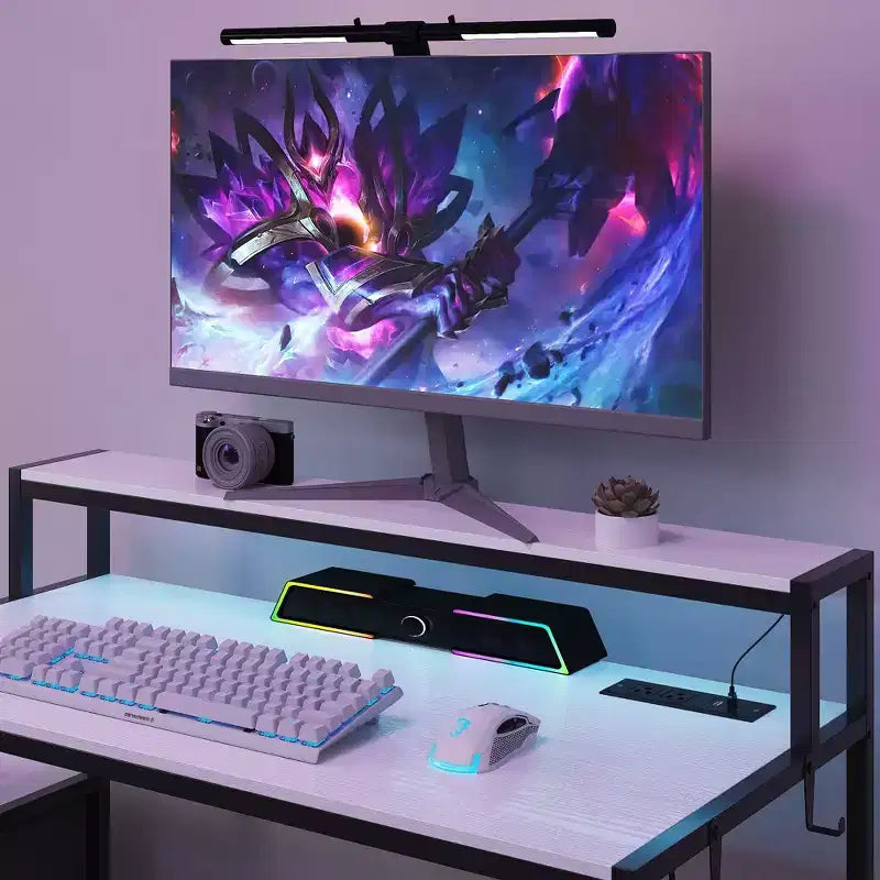 Famapy LED Gaming Desk Computer Desk with Metal Frame, Built - in Power Outlet, Drawers, and Elevated Dual - Layer Desktop