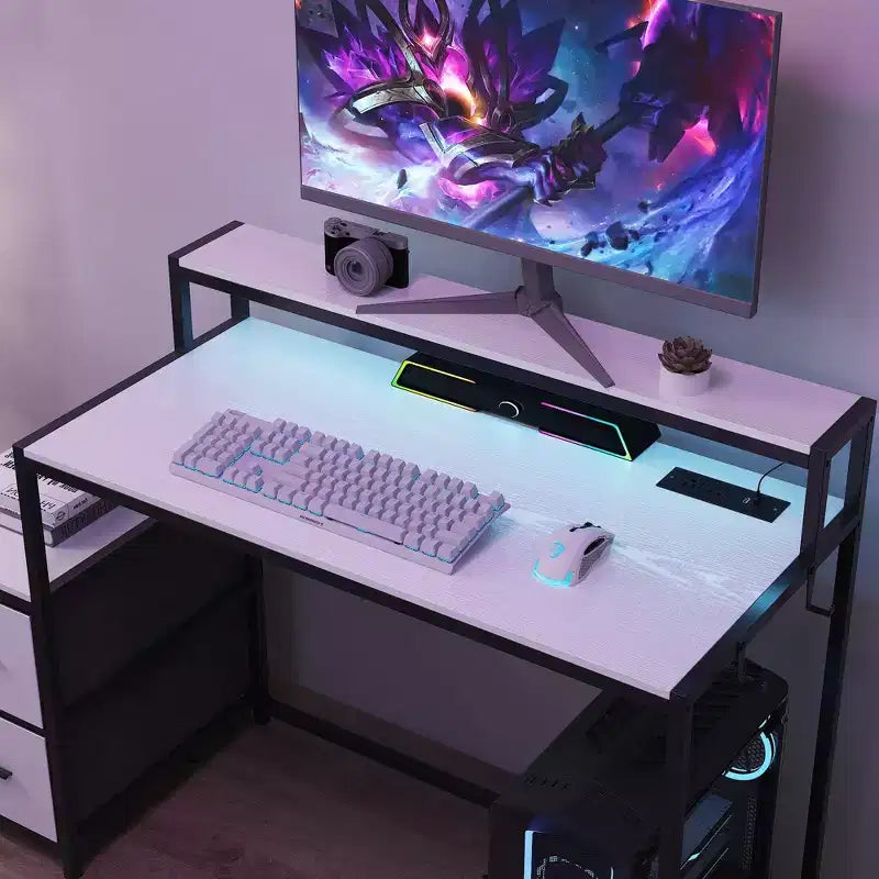 Famapy LED Gaming Desk Computer Desk with Metal Frame, Built - in Power Outlet, Drawers, and Elevated Dual - Layer Desktop