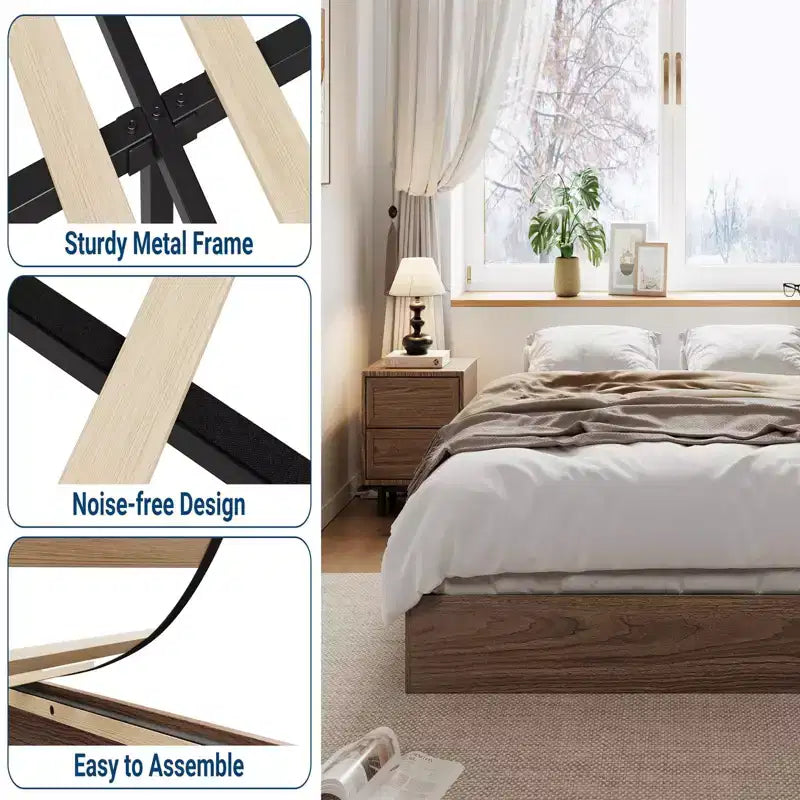 Wooden Bed Frame Without Headboard, Wood Slat Support,No Box Spring Needed, Easy Assembly