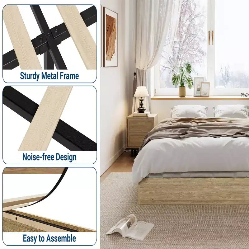 Wooden Bed Frame Without Headboard, Wood Slat Support,No Box Spring Needed, Easy Assembly
