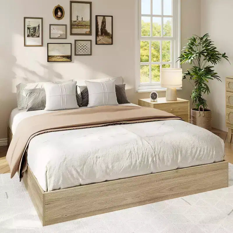 Wooden Bed Frame Without Headboard, Wood Slat Support,No Box Spring Needed, Easy Assembly