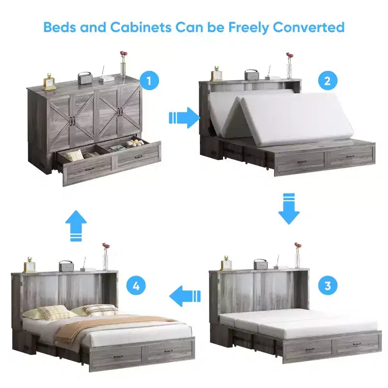 Mjkone Modern Queen Size Murphy Bed with USB ports,Drawers,with 4.7''Mattress
