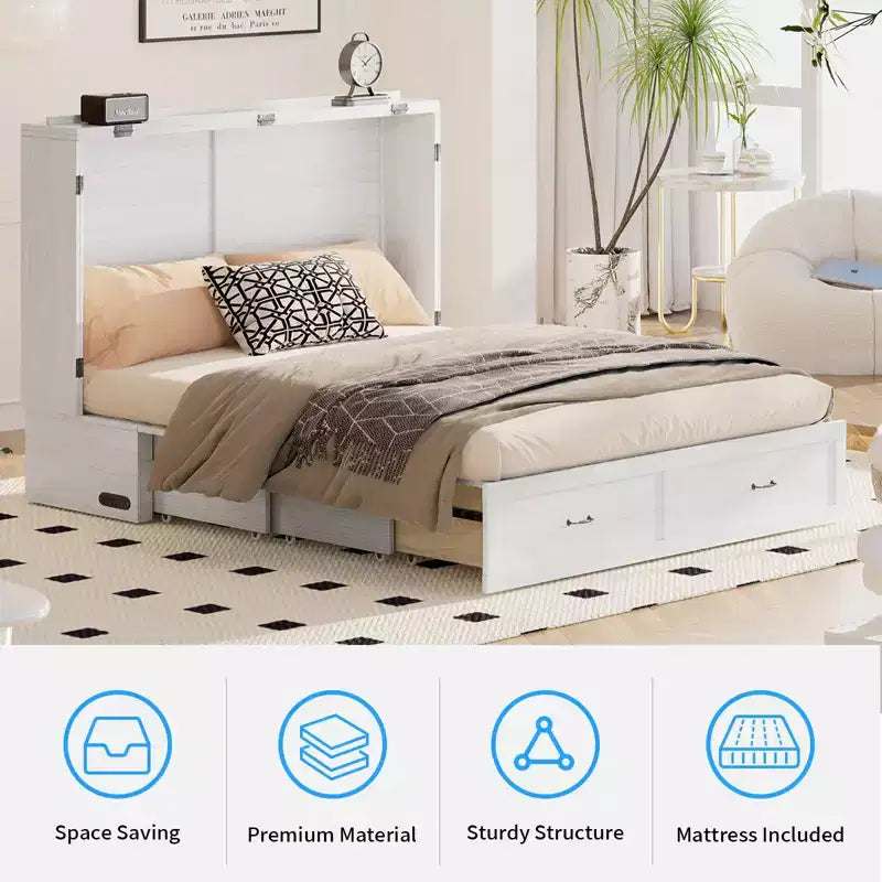Mjkone Modern Queen Size Murphy Bed with USB ports,Drawers,with 4.7''Mattress