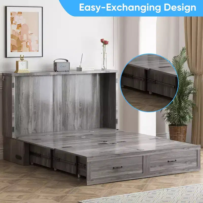 Mjkone Modern Queen Size Murphy Bed with USB ports,Drawers,with 4.7''Mattress