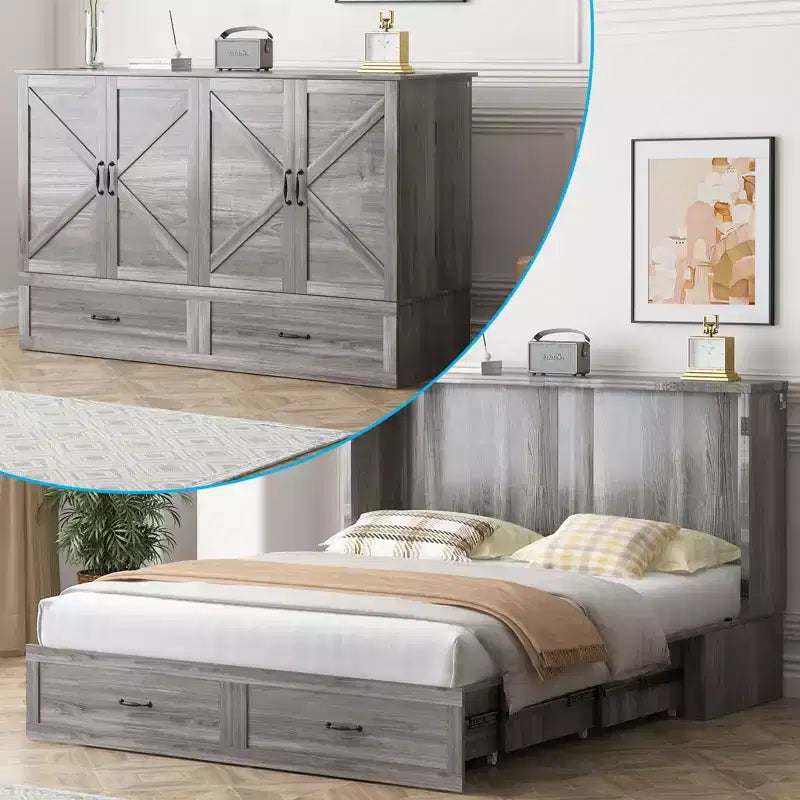 Mjkone Modern Queen Size Murphy Bed with USB ports,Drawers,with 4.7''Mattress
