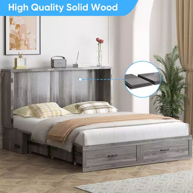Mjkone Modern Queen Size Murphy Bed with USB ports,Drawers,with 4.7''Mattress