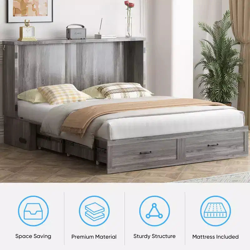 Mjkone Modern Queen Size Murphy Bed with USB ports,Drawers,with 4.7''Mattress