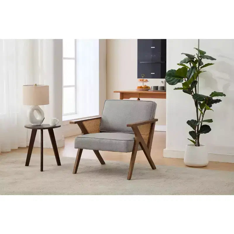 Modern Linen Accent Chair, Upholstered Reading Armchair With Backrest, Single Sofa Chair, Sofa Side Chair with Wood Leg for Living Room Bedroom