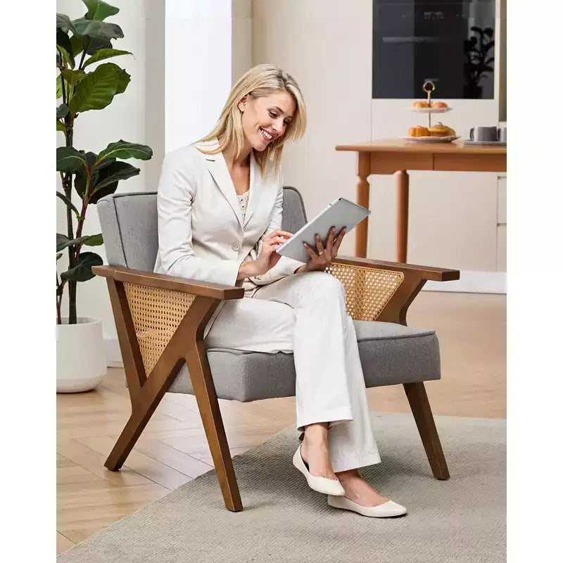Modern Linen Accent Chair, Upholstered Reading Armchair With Backrest, Single Sofa Chair, Sofa Side Chair with Wood Leg for Living Room Bedroom