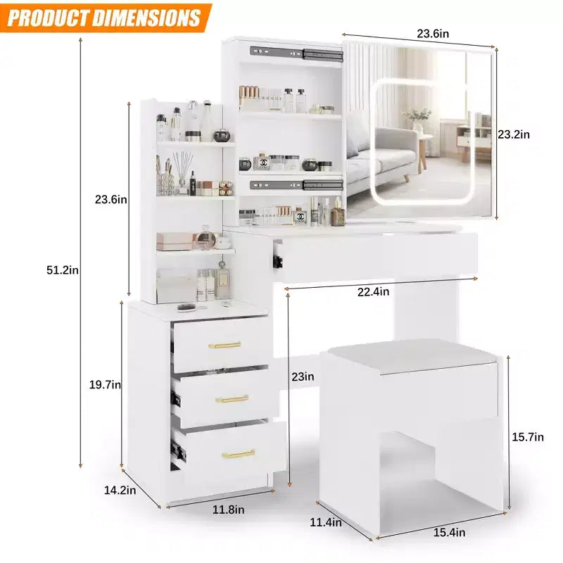 Makeup Vanity Desk With Sliding Mirror, Vanity Desk With Mirror, Dressing Table with 3 Color Adjustable Light and 4 Drawers, Stool, White