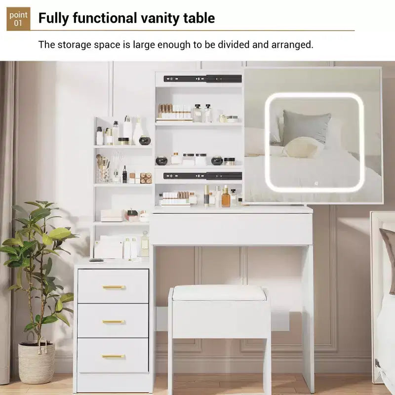 Makeup Vanity Desk With Sliding Mirror, Vanity Desk With Mirror, Dressing Table with 3 Color Adjustable Light and 4 Drawers, Stool, White