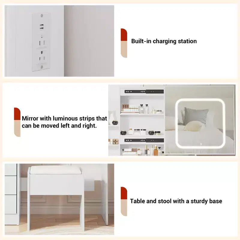 Makeup Vanity Desk With Sliding Mirror, Vanity Desk With Mirror, Dressing Table with 3 Color Adjustable Light and 4 Drawers, Stool, White