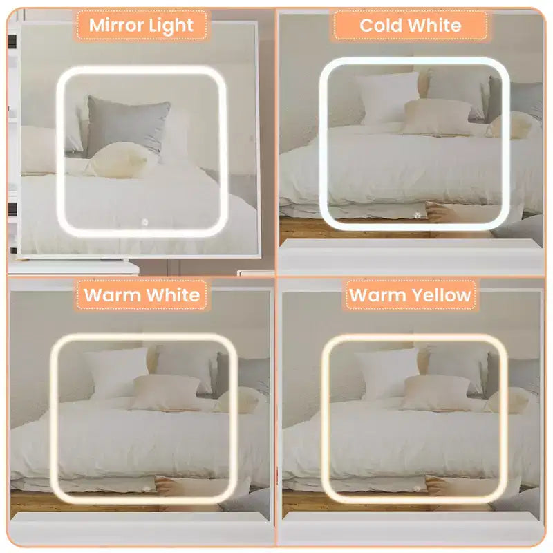 Makeup Vanity Desk With Sliding Mirror, Vanity Desk With Mirror, Dressing Table with 3 Color Adjustable Light and 4 Drawers, Stool, White