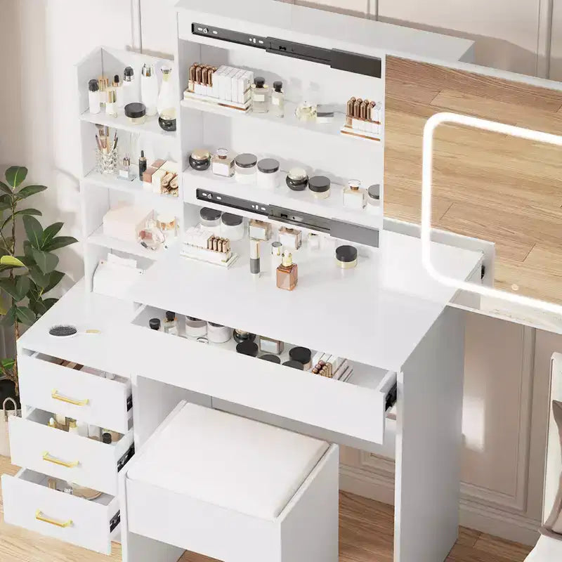 Makeup Vanity Desk With Sliding Mirror, Vanity Desk With Mirror, Dressing Table with 3 Color Adjustable Light and 4 Drawers, Stool, White