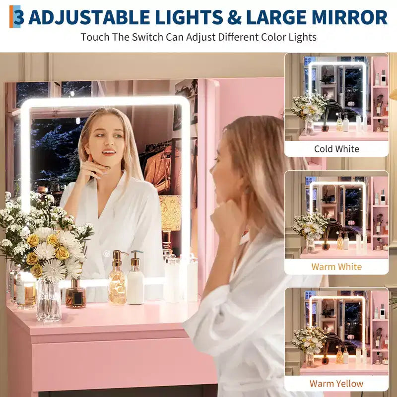 Vanity Desk with Mirror and LED Light, Modern Makeup Dressing Table, with 4 Drawers, Adjustable 3 Lighting Mode, for Bedroom