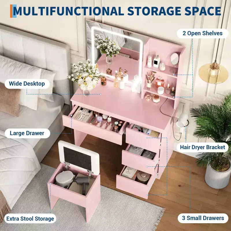 Vanity Desk with Mirror and LED Light, Modern Makeup Dressing Table, with 4 Drawers, Adjustable 3 Lighting Mode, for Bedroom