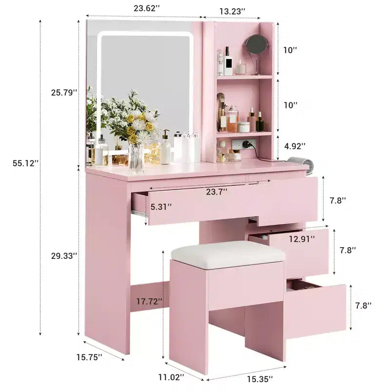 Vanity Desk with Mirror and LED Light, Modern Makeup Dressing Table, with 4 Drawers, Adjustable 3 Lighting Mode, for Bedroom