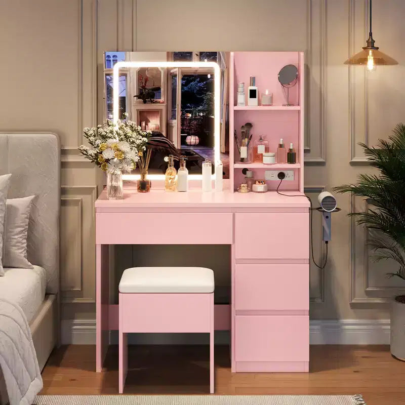 Vanity Desk with Mirror and LED Light, Modern Makeup Dressing Table, with 4 Drawers, Adjustable 3 Lighting Mode, for Bedroom