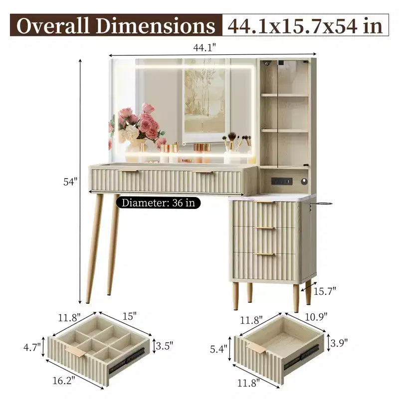 Makeup Vanity Desk with Lights, Fluted Wooden Dressing Table, Makeup Vanity Table Modern Glass Top, 5 Drawers and 3 Storage, for Bedroom