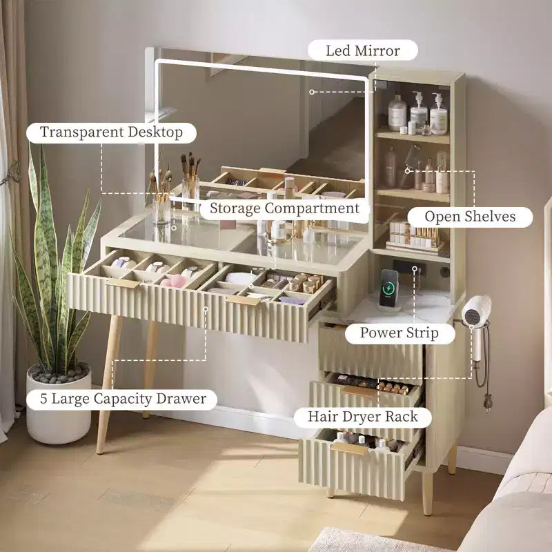Makeup Vanity Desk with Lights, Fluted Wooden Dressing Table, Makeup Vanity Table Modern Glass Top, 5 Drawers and 3 Storage, for Bedroom