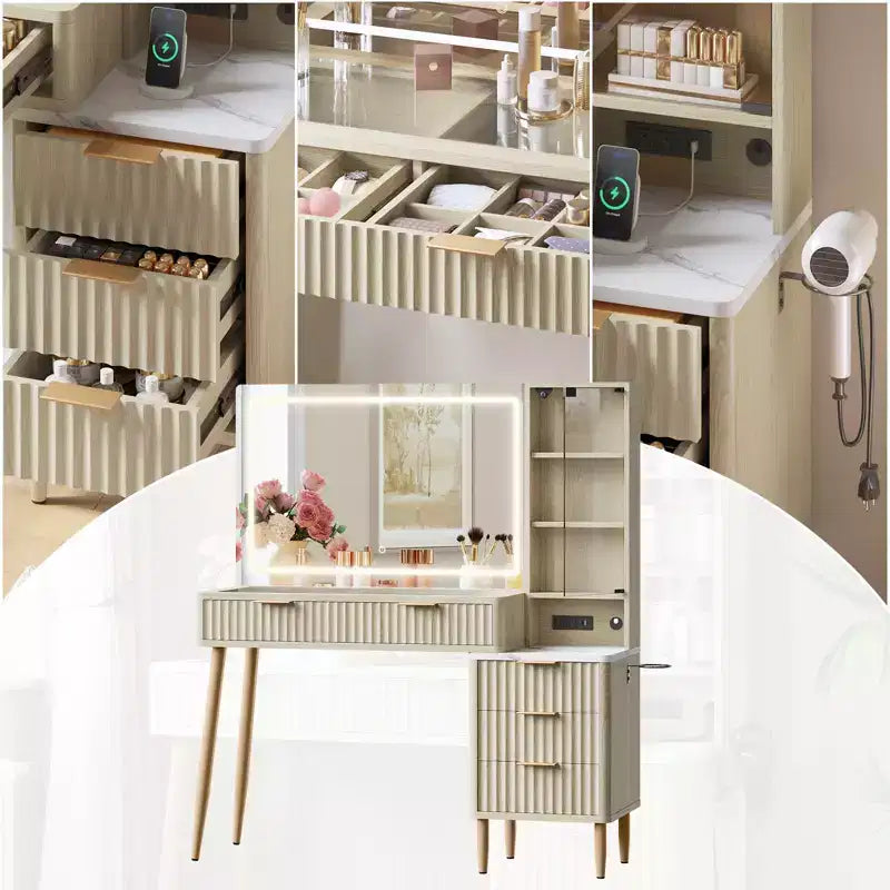 Makeup Vanity Desk with Lights, Fluted Wooden Dressing Table, Makeup Vanity Table Modern Glass Top, 5 Drawers and 3 Storage, for Bedroom