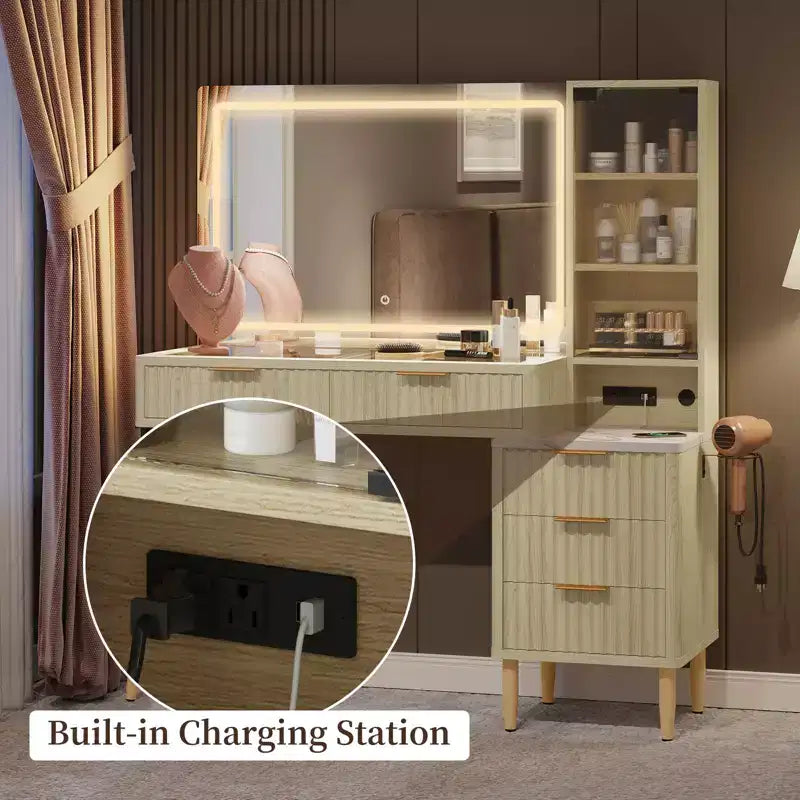 Makeup Vanity Desk with Lights, Fluted Wooden Dressing Table, Makeup Vanity Table Modern Glass Top, 5 Drawers and 3 Storage, for Bedroom