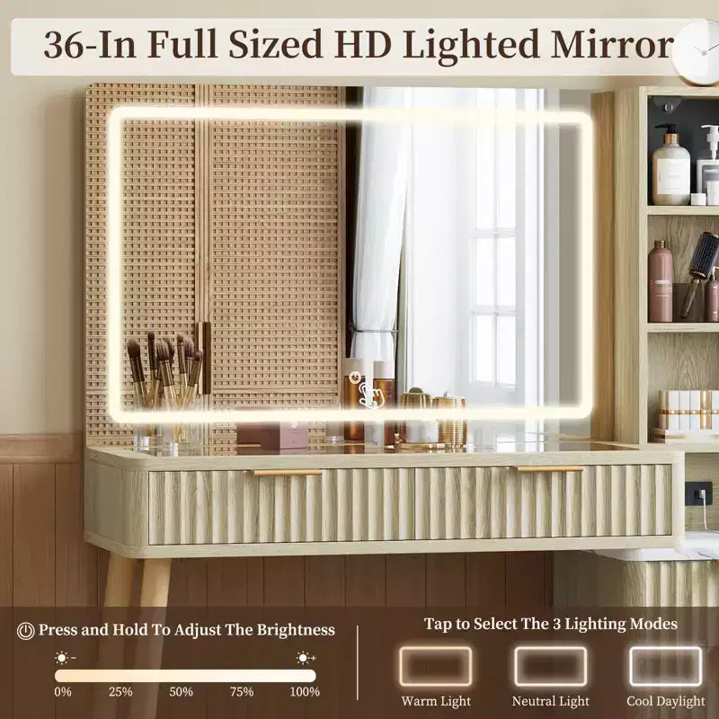 Makeup Vanity Desk with Lights, Fluted Wooden Dressing Table, Makeup Vanity Table Modern Glass Top, 5 Drawers and 3 Storage, for Bedroom