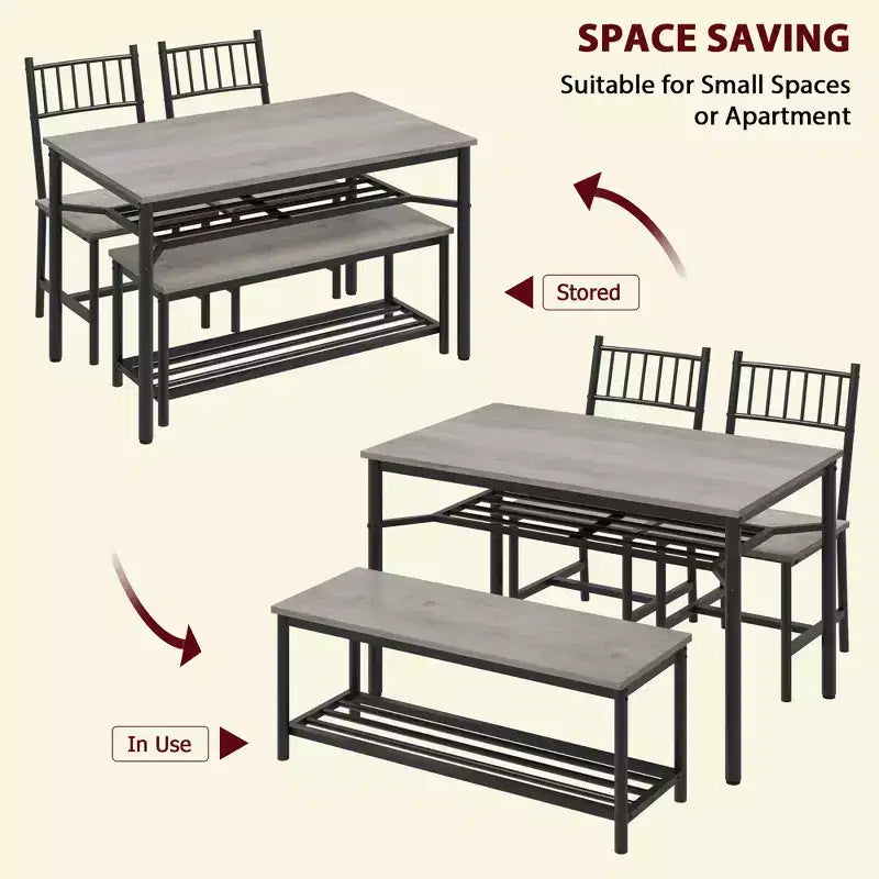 Kitchen Table Chairs Set of 4, Dining Table Set for 4 with Bench and Chairs, 4 Pieces Kitchen Table Set with Storage Rack for Small Space
