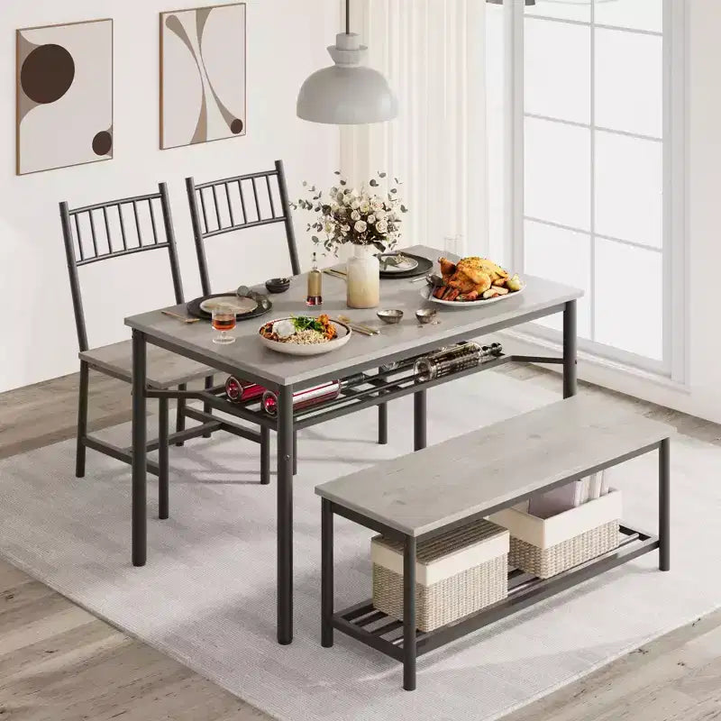 Kitchen Table Chairs Set of 4, Dining Table Set for 4 with Bench and Chairs, 4 Pieces Kitchen Table Set with Storage Rack for Small Space