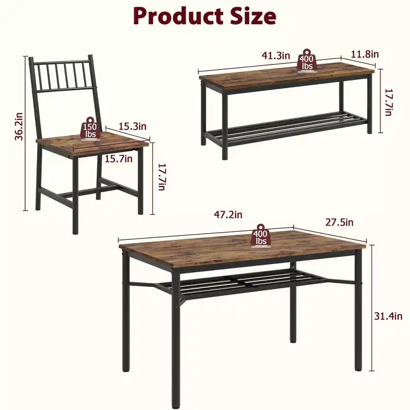 Kitchen Table Chairs Set of 4, Dining Table Set for 4 with Bench and Chairs, 4 Pieces Kitchen Table Set with Storage Rack for Small Space