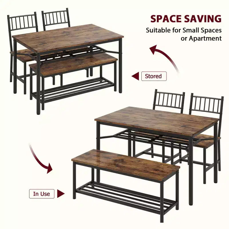 Kitchen Table Chairs Set of 4, Dining Table Set for 4 with Bench and Chairs, 4 Pieces Kitchen Table Set with Storage Rack for Small Space