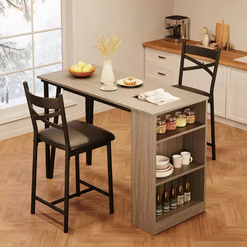 Dining Table Set for 2, Counter Height Kitchen Table & Chairs with Storage Shelves, Bar Table Set w/2 Upholstered Chairs, Dining Room Table Set