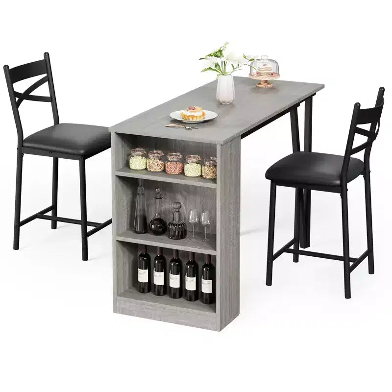 Dining Table Set for 2, Counter Height Kitchen Table & Chairs with Storage Shelves, Bar Table Set w/2 Upholstered Chairs, Dining Room Table Set