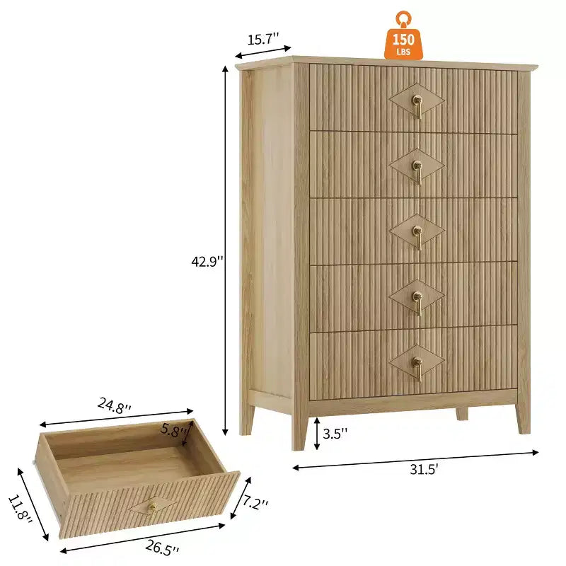 5 Drawer Dresser for Bedroom, 32W Wooden Chest of Drawers with Metal Handles, Fluted Clothes Storage Organizer, Dresser Narrow Nightstand