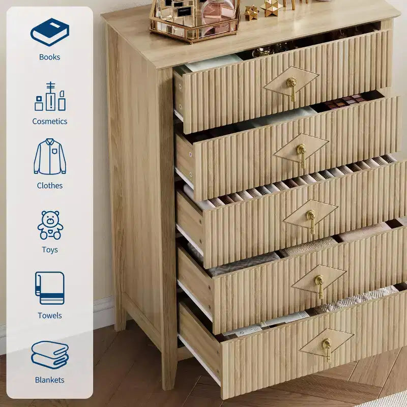 5 Drawer Dresser for Bedroom, 32W Wooden Chest of Drawers with Metal Handles, Fluted Clothes Storage Organizer, Dresser Narrow Nightstand