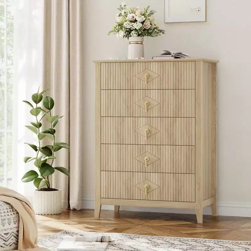 5 Drawer Dresser for Bedroom, 32W Wooden Chest of Drawers with Metal Handles, Fluted Clothes Storage Organizer, Dresser Narrow Nightstand