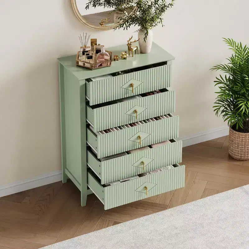 5 Drawer Dresser for Bedroom, 32W Wooden Chest of Drawers with Metal Handles, Fluted Clothes Storage Organizer, Dresser Narrow Nightstand