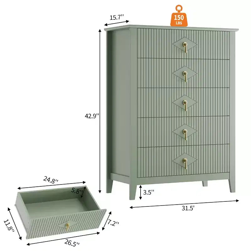 5 Drawer Dresser for Bedroom, 32W Wooden Chest of Drawers with Metal Handles, Fluted Clothes Storage Organizer, Dresser Narrow Nightstand