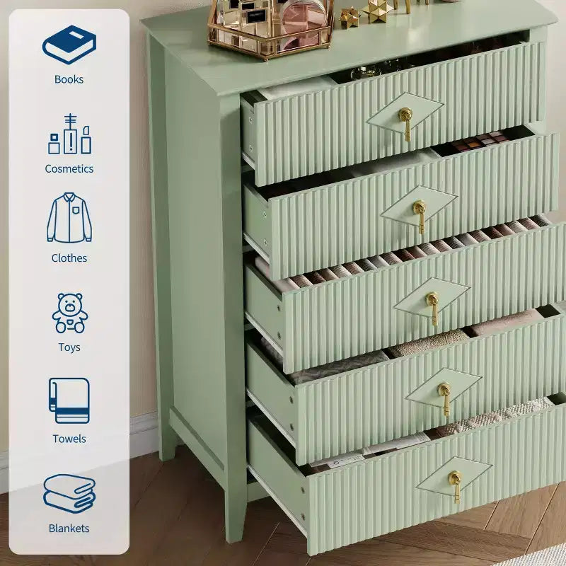 5 Drawer Dresser for Bedroom, 32W Wooden Chest of Drawers with Metal Handles, Fluted Clothes Storage Organizer, Dresser Narrow Nightstand